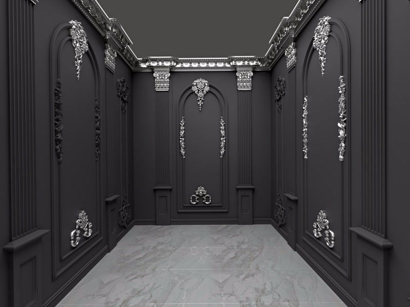 Gothic Matte Black Room with Silver Filigree Trisms