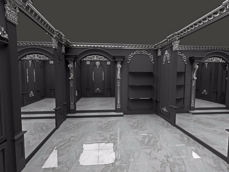 High-Angle Black Boutique Showroom 3D Render