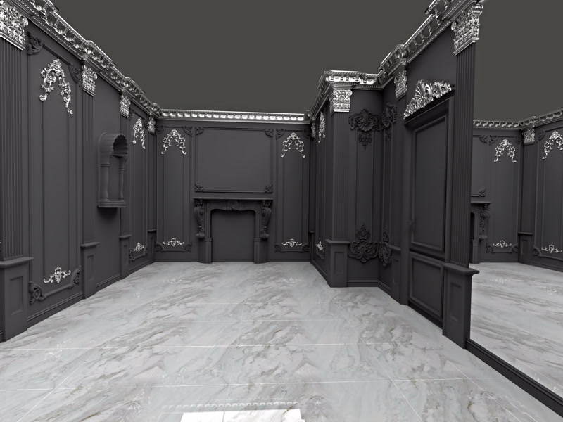Gothic Black Fireplace Room 3D Render Architectural Trim