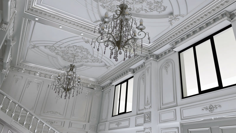 Double-Height Silver Foyer with Twin Chandeliers