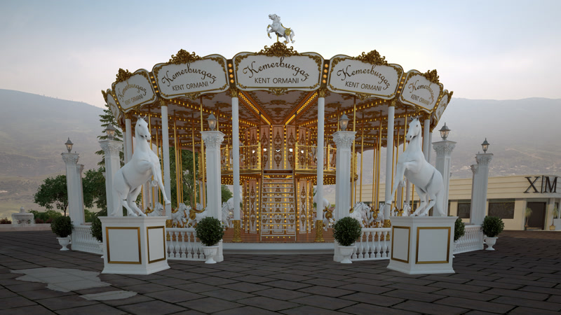 Grand Carousel Ride Rendering with White Horse Statues