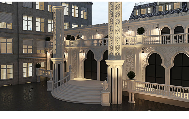 Oriental Palace Courtyard with Horseshoe Arches