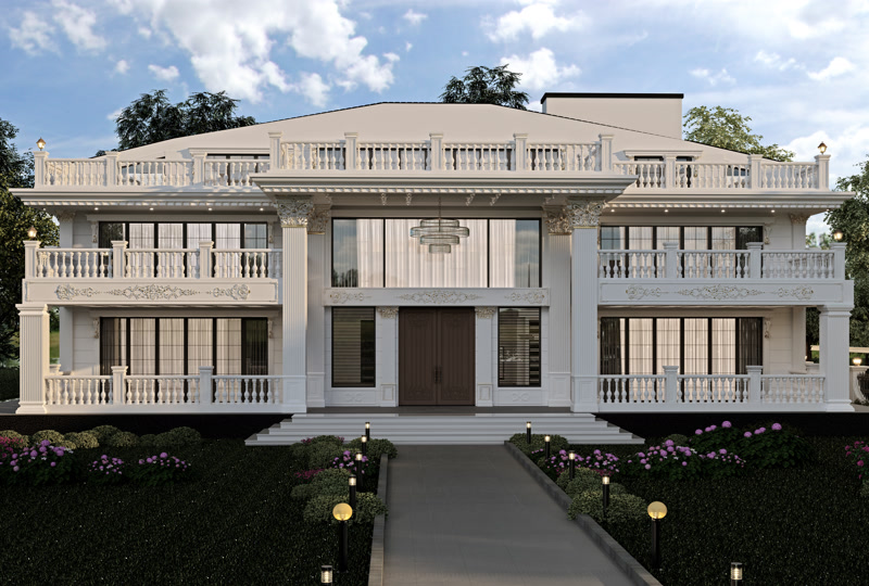 Symmetrical White Mansion Facade with Balustrades