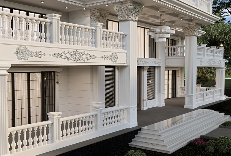 Balustrade Terrace Rendering with Gold Scrollwork