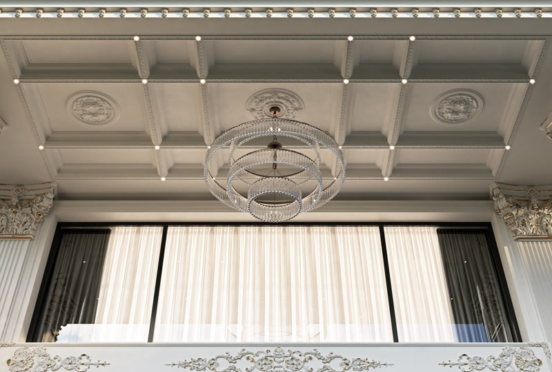 Coffered Portico Ceiling with Tier Glass Chandelier