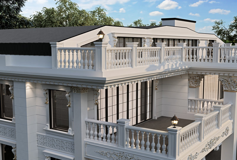 High-angle rendering of a villa roofline terrace balustrade deck featuring post caps with lantern lamps.