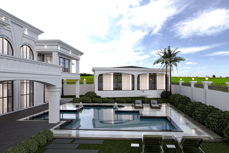 Outdoor 3D rendering of a white modern villa backyard with a geometric swimming pool and poolside sun loungers.