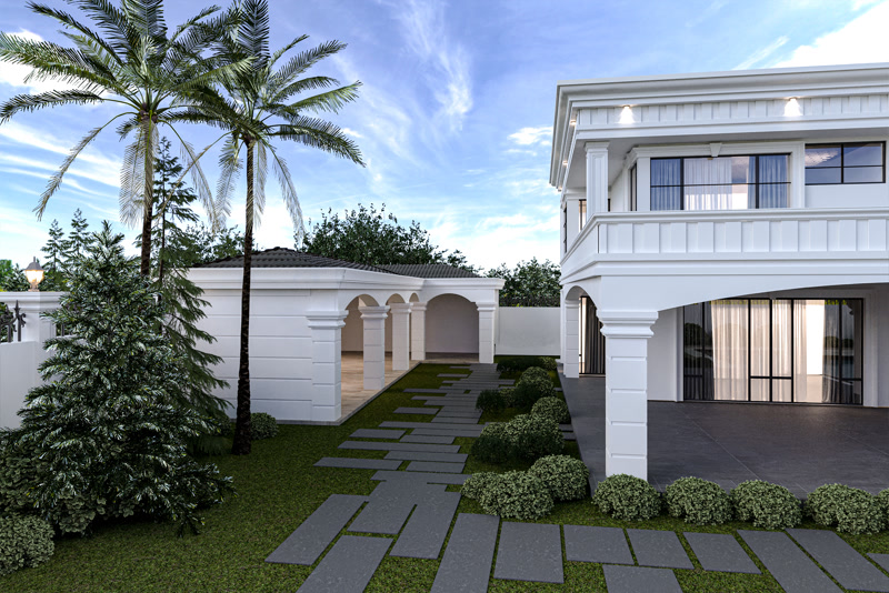 Tropical Villa Courtyard with Arched Walkway