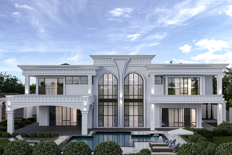 Symmetrical White Villa Facade with Arched Windows