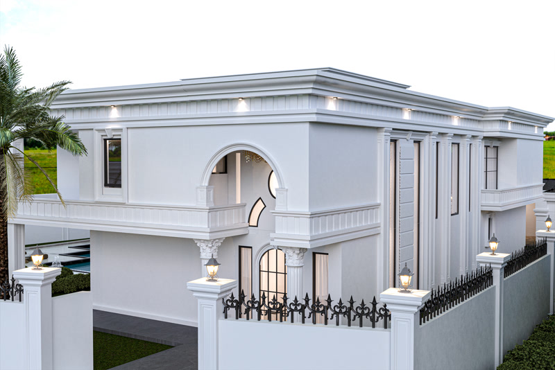 Modern Villa Facade with Arched Balcony Cutout