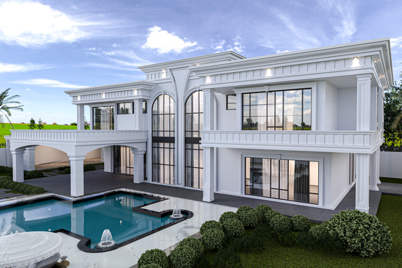 Elevated 3D rendering of a luxury white modern villa overlooking an L-shaped swimming pool with fountains.