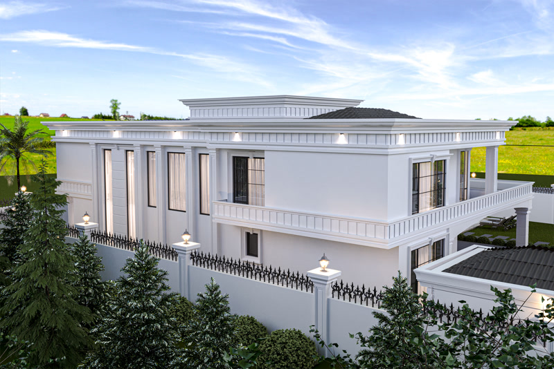 Aerial View of White Modern Villa Side Elevation