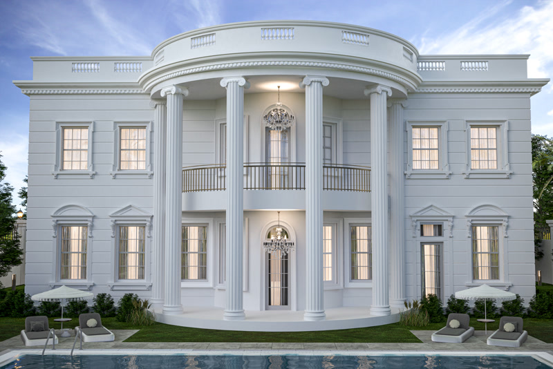 Symmetrical White Mansion with Semicircular Portico