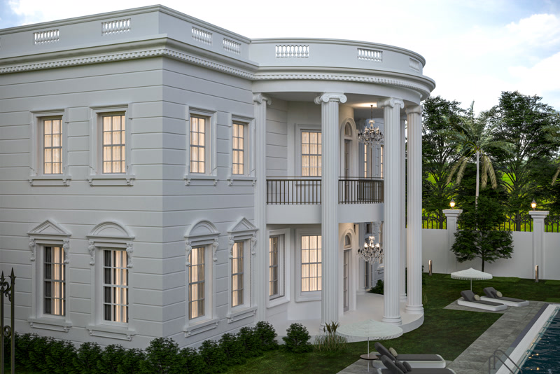 High-Angle Curved Portico Villa Corner 3D Render