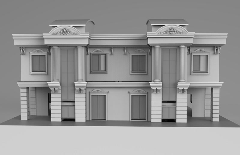 Monochrome CAD Rendering of Twin Duplex Facade