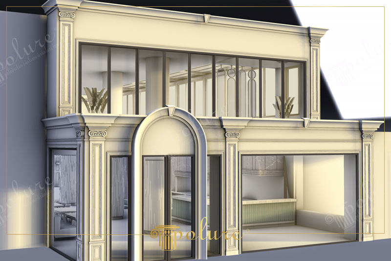 Storefront Facade Rendering with Central Arch Entryway