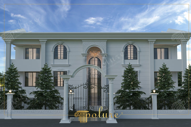 White Mansion Facade with Arched Entry Portal