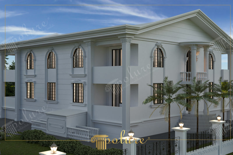 Oblique 3D Render of White Mansion Side Architectural Trim