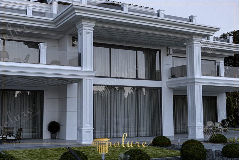Upward perspective 3D rendering of a luxury white villa back patio facade with coffered ceiling soffits.