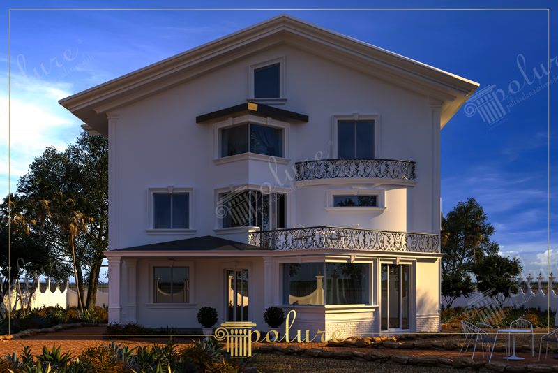 Three-Story White Villa 3D Render at Dusk