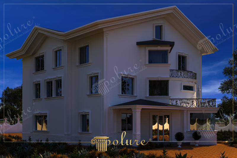 Oblique perspective dusk 3D rendering of a three-story white villa with keystone window surrounds.