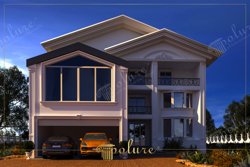 Front elevation dusk 3D rendering of a white luxury villa with a two-car garage and shell crest pediment.