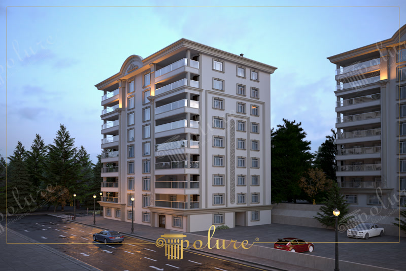 High-Rise Apartment Building 3D Render at Dusk