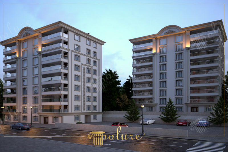 Twin Residential Apartment Towers 3D Render at Dusk