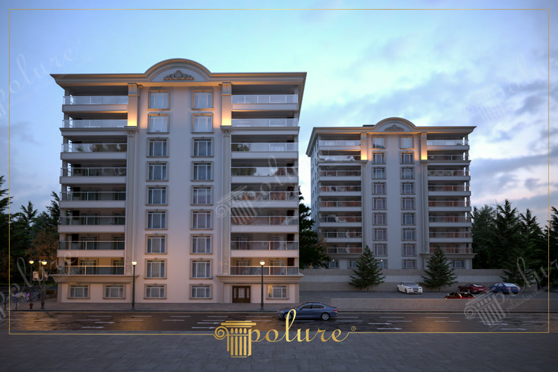 Front Elevation Dusk 3D Render of Twin Apartment Blocks
