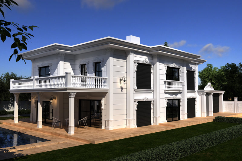Corner Perspective 3D Render of White Villa Facade