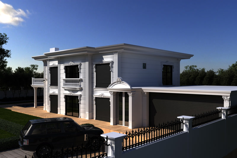 Front angle 3D rendering of a white luxury villa entrance with an attached garage and black SUV.