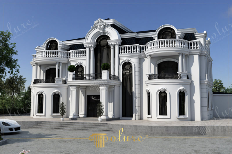 Front Facade 3D Render of Neoclassical White Mansion