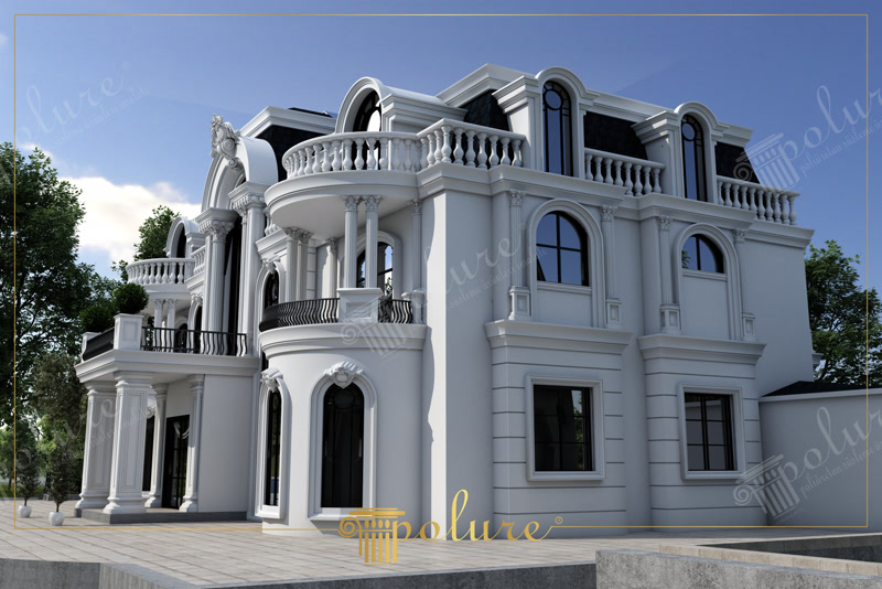 Upward Corner CAD Render of White Mansard Mansion