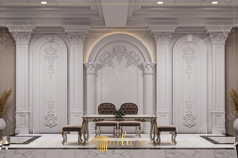 Wedding Stage Interior with Carved Wall Arch Panels