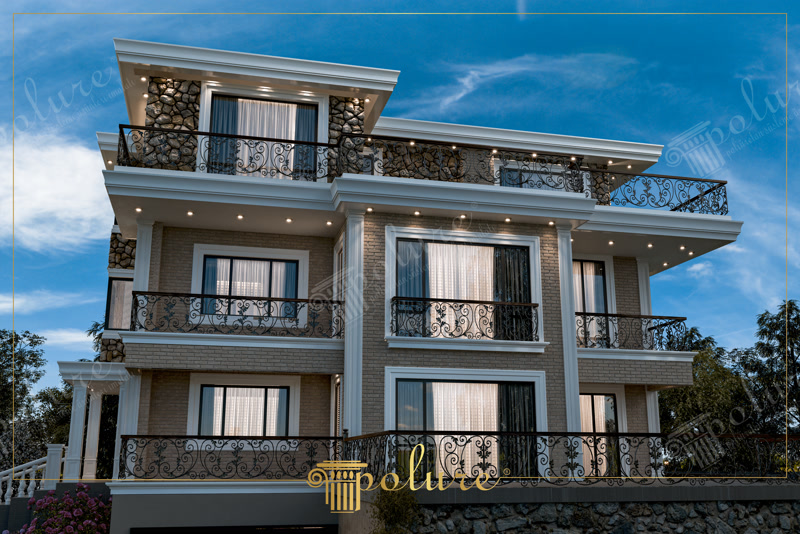 Upward CAD Render of Stone and Brick Villa Facade