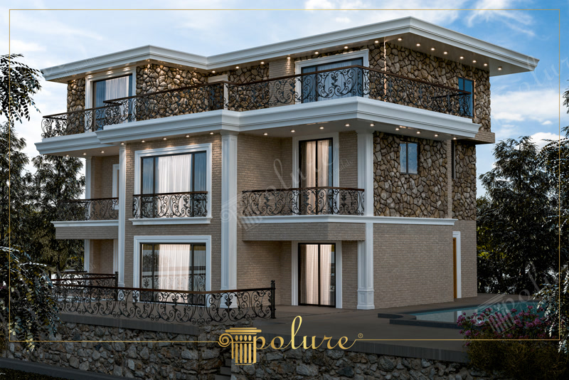 Front Angle 3D Render of Stone and Brick Villa