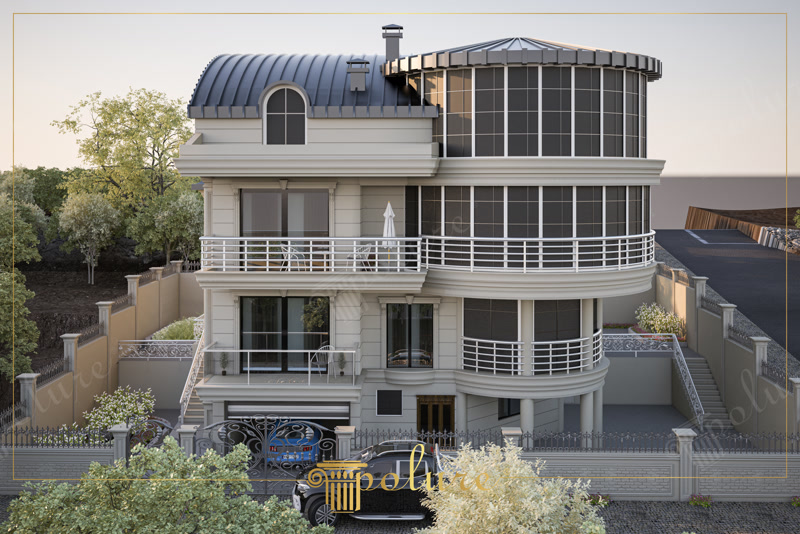 Front Elevation 3D Render of Curved Glass Tower Villa