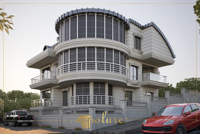 Perspective 3D Render of Villa with Curved Glass Tower