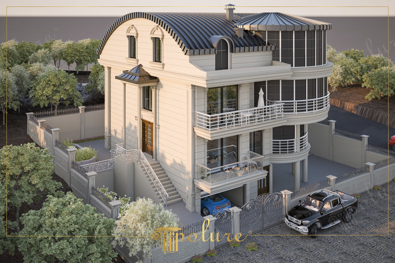 Aerial CAD Render of Villa with Zinc Barrel Roof