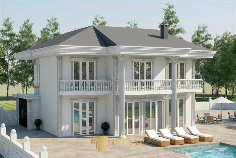Rear Perspective 3D Render of White Villa with Pool