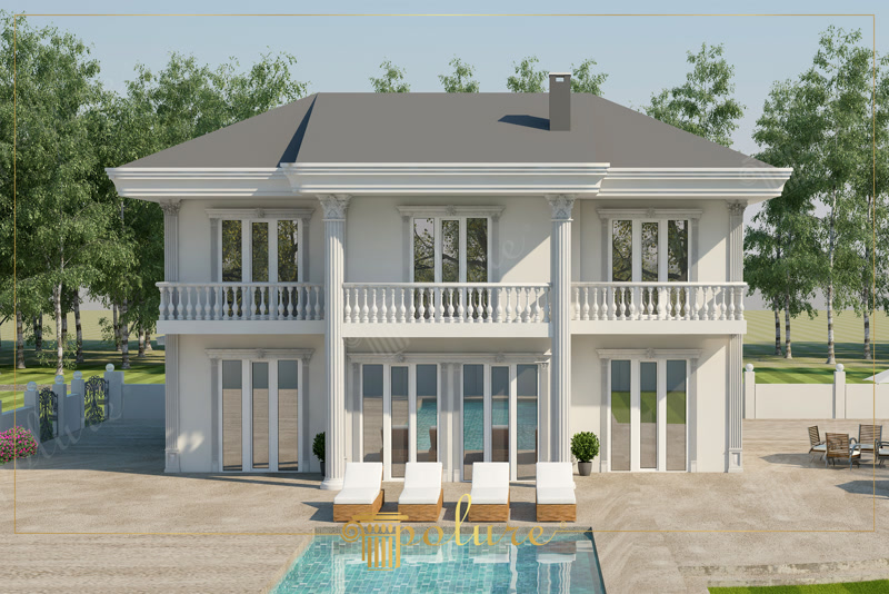 Front View CAD Render of Two-Story White Villa with Pool