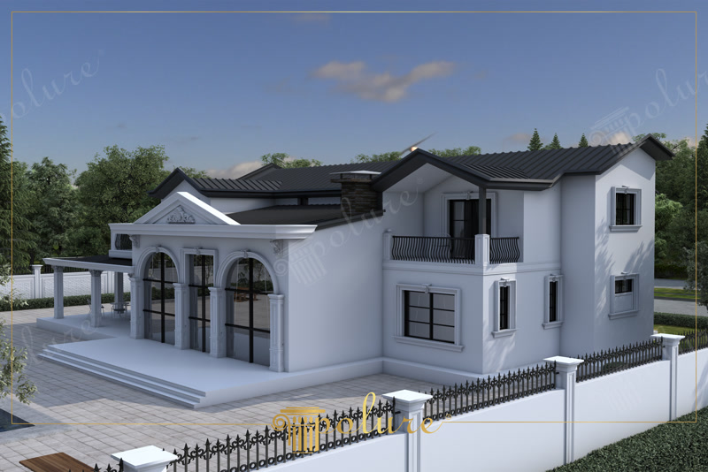 Perspective 3D Render of White Villa with Triple Arch Porch