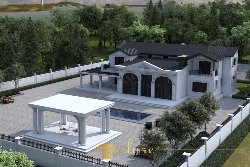 Bird-Eye Aerial 3D Render of White Villa Grounds