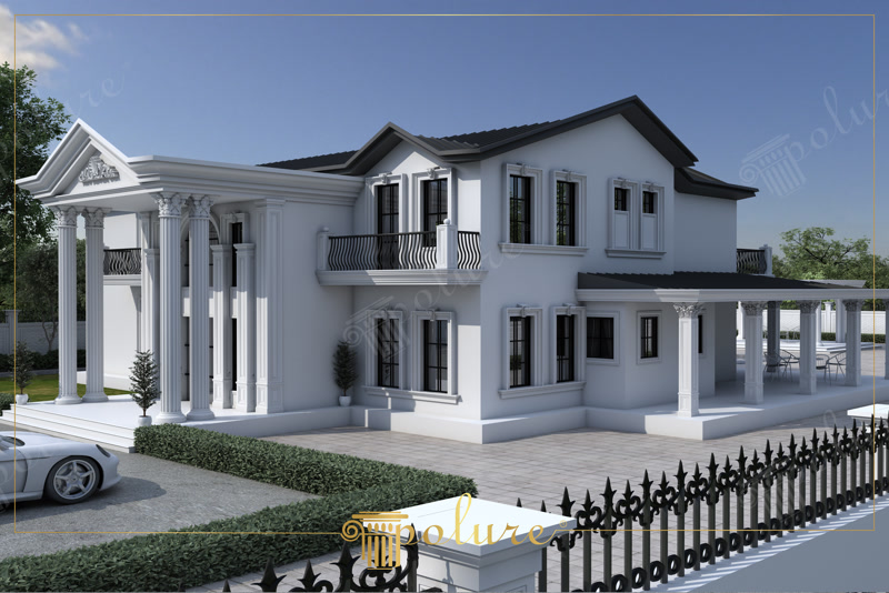 Oblique 3D Render of White Mansion Side and Front