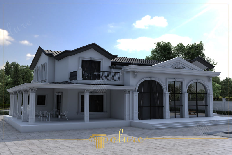 Side rear angle 3D rendering of a white luxury villa patio terrace with covered porch dining.