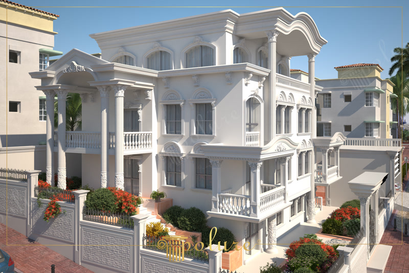 Oblique 3D Render of White Mansion in City Neighborhood