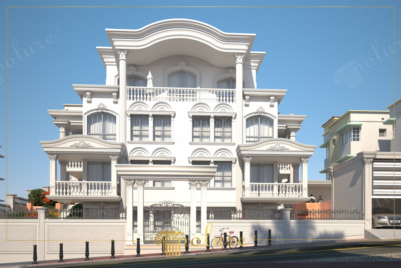 Direct front elevation 3D rendering of a white luxury mansion on a sloped street with a red bicycle.