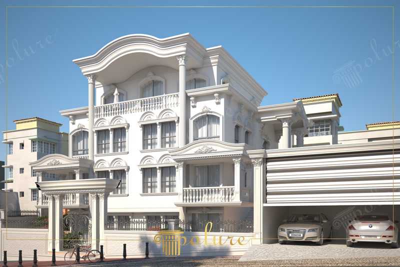 Oblique 3D Render of White Mansion with Two-Car Garage