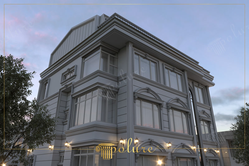 Upward Dusk CAD Render of Four-Story Grey Building