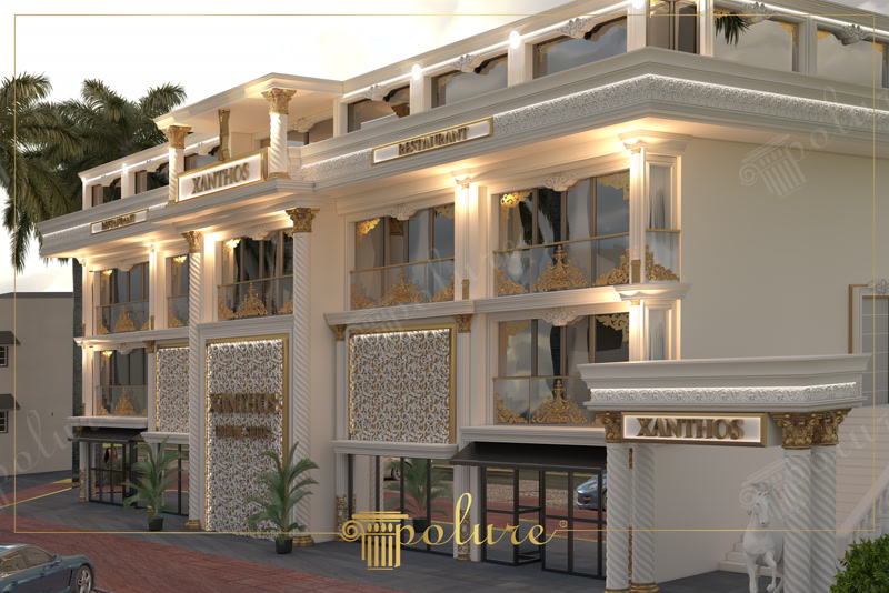 Oblique Dusk 3D Render of Xanthos Restaurant Facade